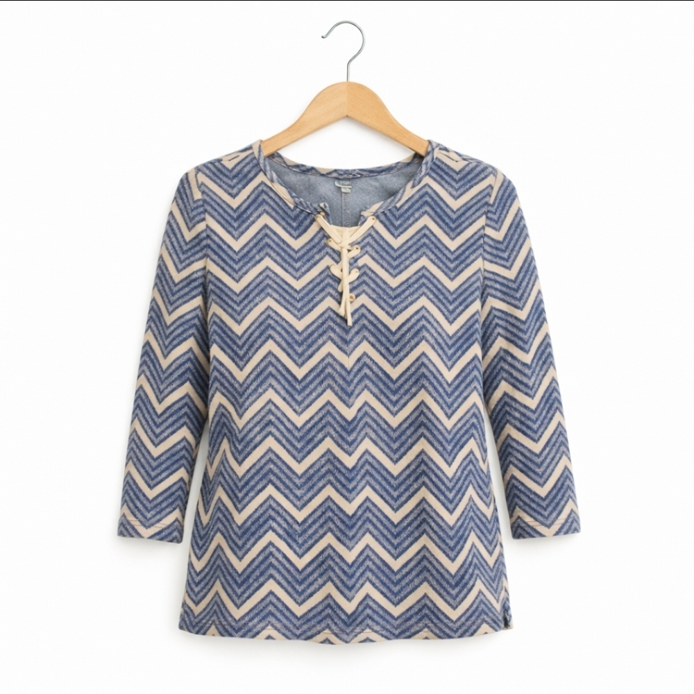 Chaps Blue Chevron Bohemian Style Womens Pullover Top Sz Lg